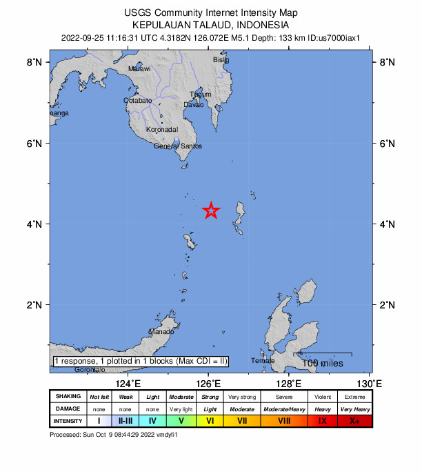 USGS DYFI community-reported intensity map for the M5.1 earthquake near 137 km SSE of Sarangani, Philippines