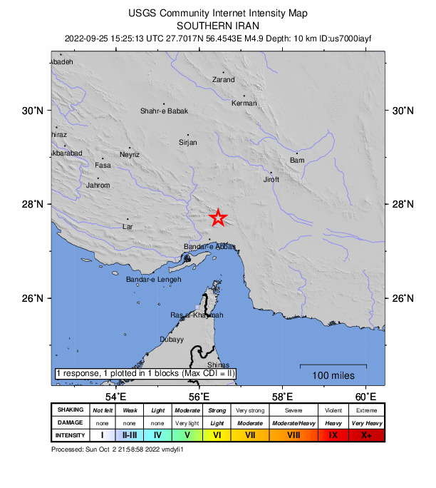 USGS DYFI community-reported intensity map for the M4.9 earthquake near 59 km NNE of Bandar Abbas, Iran