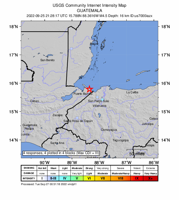 USGS DYFI community-reported intensity map for the M4.4 earthquake near 15 km N of Potrerillos, Honduras