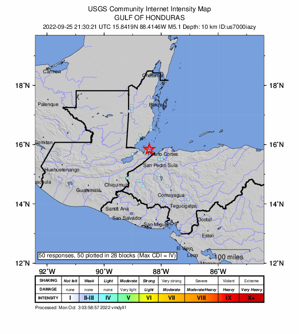 USGS DYFI community-reported intensity map for the M5.1 earthquake near 24 km NE of Puerto Barrios, Guatemala