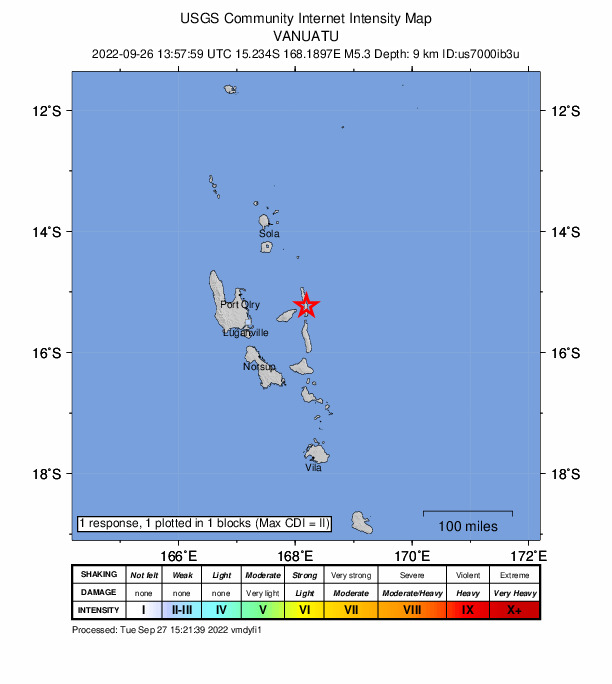 USGS DYFI community-reported intensity map for the M5.3 earthquake near 113 km ENE of Luganville, Vanuatu