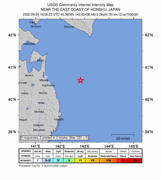 USGS DYFI community-reported intensity map for the M5.0 earthquake near 113 km E of Hachinohe, Japan