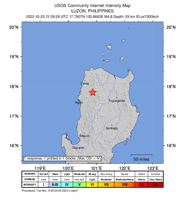 USGS DYFI community-reported intensity map for the M4.8 earthquake near 22 km NE of Dolores, Philippines