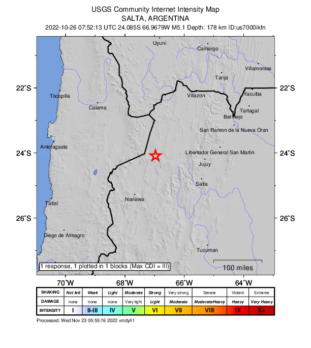 USGS DYFI community-reported intensity map for the M5.1 earthquake near 68 km WNW of San Antonio de los Cobres, Argentina