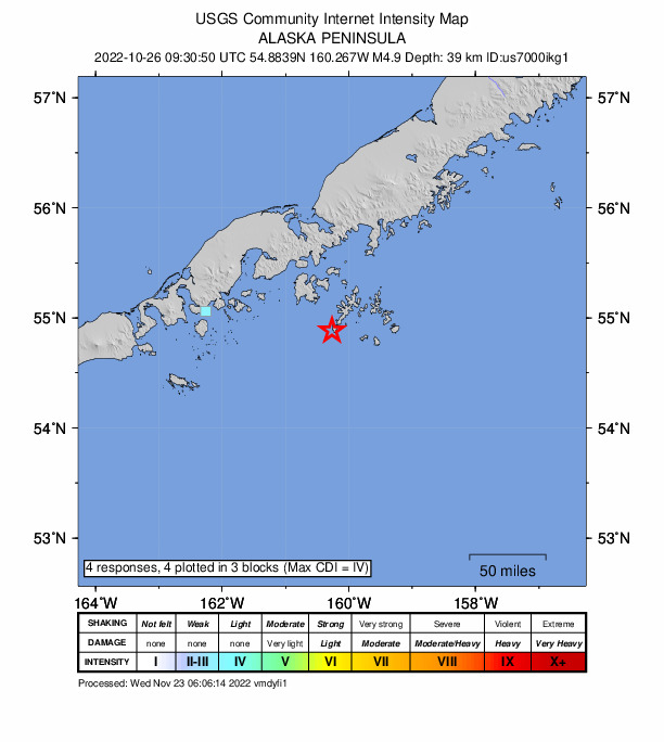 USGS DYFI community-reported intensity map for the M4.9 earthquake near 52 km SSE of Sand Point, Alaska