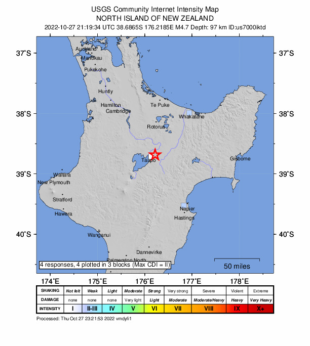 USGS DYFI community-reported intensity map for the M4.7 earthquake near Bay of Plenty, New Zealand