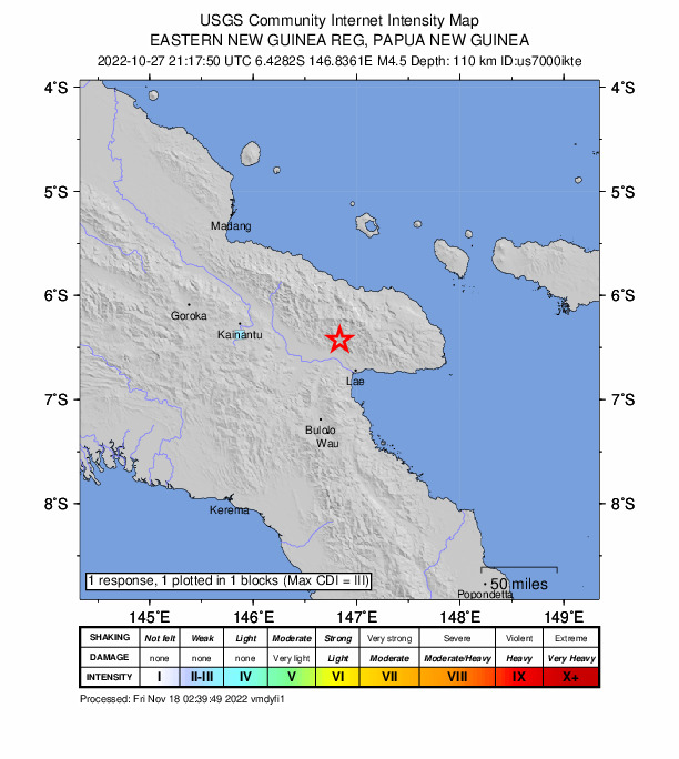 USGS DYFI community-reported intensity map for the M4.5 earthquake near eastern New Guinea region, Papua New Guinea