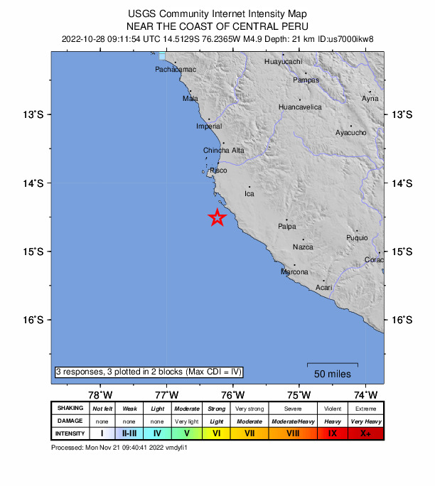 USGS DYFI community-reported intensity map for the M4.9 earthquake near 67 km WSW of Santiago, Peru