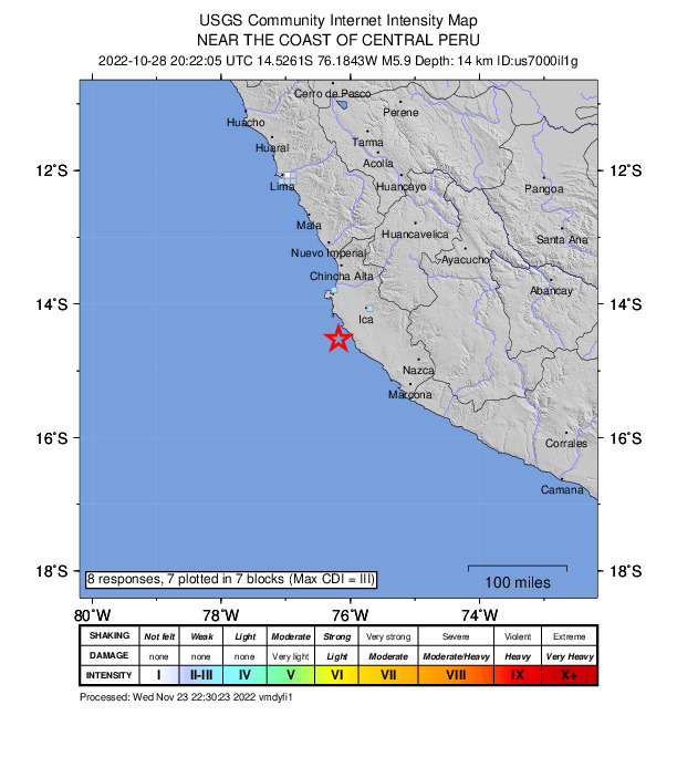 USGS DYFI community-reported intensity map for the M5.9 earthquake near 62 km SW of Santiago, Peru