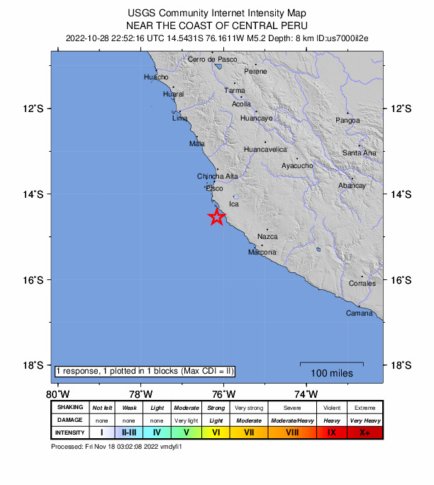 USGS DYFI community-reported intensity map for the M5.2 earthquake near 62 km SW of Santiago, Peru