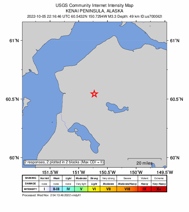 USGS DYFI community-reported intensity map for the M2.4 earthquake near 2 km ENE of Sterling, Alaska