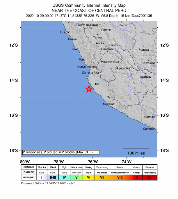 USGS DYFI community-reported intensity map for the M5.8 earthquake near 66 km WSW of Santiago, Peru