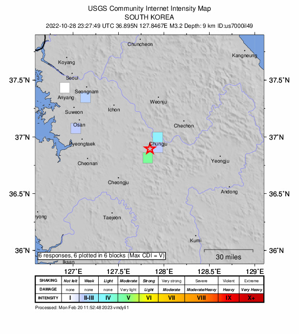 USGS DYFI community-reported intensity map for the M3.2 earthquake near South Korea