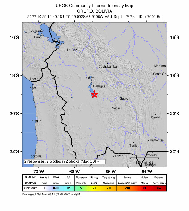 USGS DYFI community-reported intensity map for the M5.1 earthquake near 20 km SW of Challapata, Bolivia