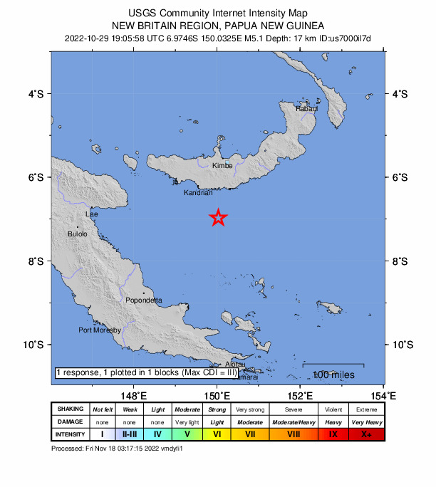 USGS DYFI community-reported intensity map for the M5.1 earthquake near 100 km SSE of Kandrian, Papua New Guinea