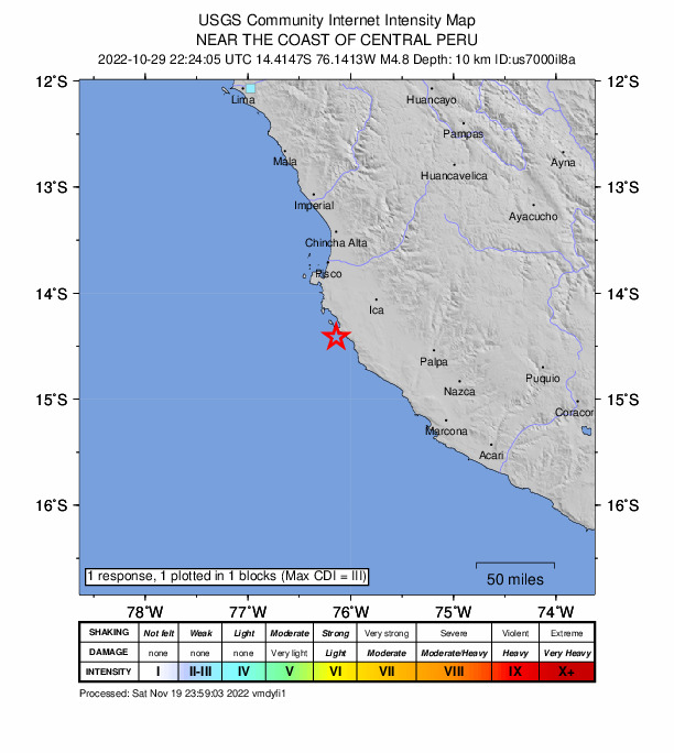 USGS DYFI community-reported intensity map for the M4.8 earthquake near 52 km WSW of Santiago, Peru