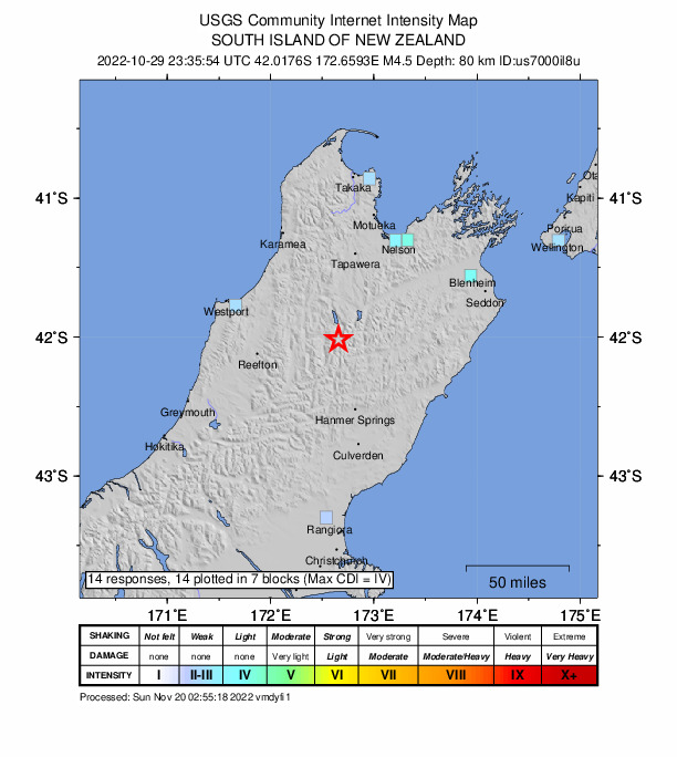 USGS DYFI community-reported intensity map for the M4.5 earthquake near South Island of New Zealand
