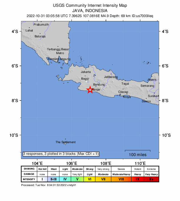 USGS DYFI community-reported intensity map for the M4.9 earthquake near 44 km WSW of Banjar, Indonesia
