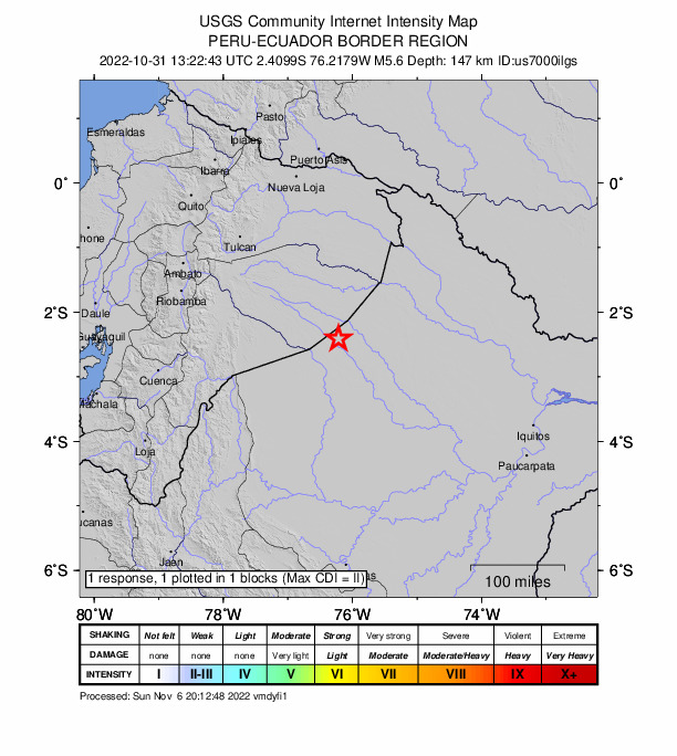 USGS DYFI community-reported intensity map for the M5.6 earthquake near 119 km N of Alianza Cristiana, Peru