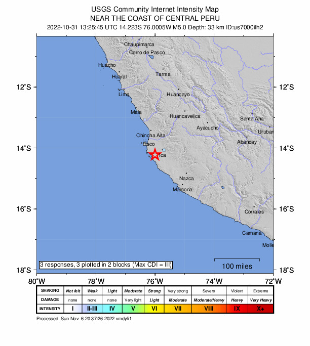USGS DYFI community-reported intensity map for the M5.0 earthquake near 31 km W of Santiago, Peru