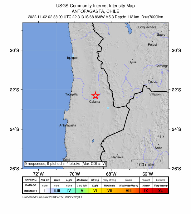 USGS DYFI community-reported intensity map for the M5.3 earthquake near Antofagasta, Chile