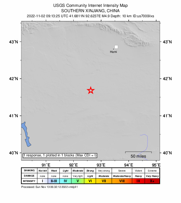 USGS DYFI community-reported intensity map for the M4.9 earthquake near 147 km SSW of Hami, China