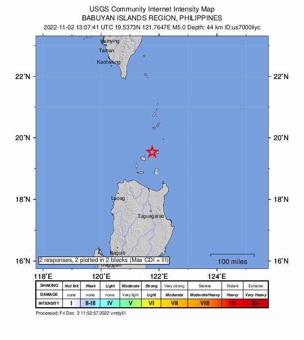 USGS DYFI community-reported intensity map for the M5.0 earthquake near Babuyan Islands region, Philippines