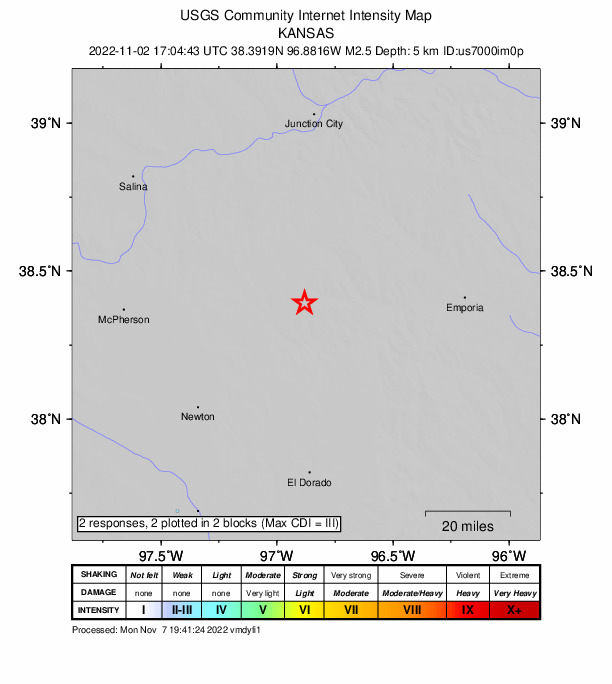 USGS DYFI community-reported intensity map for the M2.5 earthquake near 12 km SSE of Lincolnville, Kansas