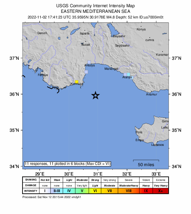 USGS DYFI community-reported intensity map for the M4.8 earthquake near eastern Mediterranean Sea