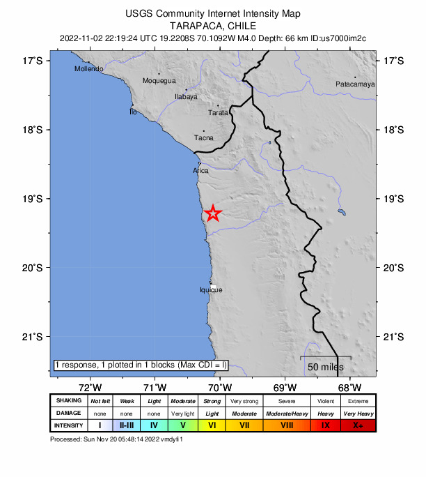 USGS DYFI community-reported intensity map for the M4.0 earthquake near Near the coast of Tarapaca, Chile