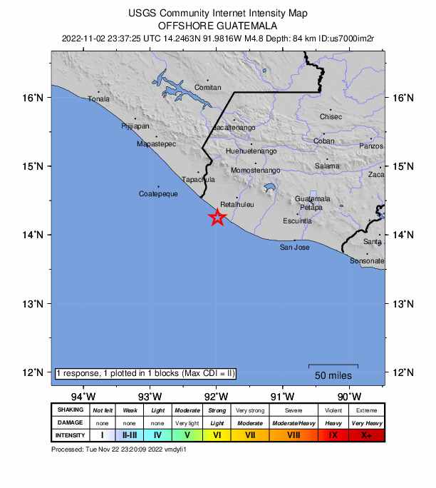 USGS DYFI community-reported intensity map for the M4.8 earthquake near 31 km WSW of Champerico, Guatemala