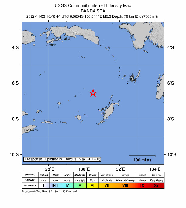 USGS DYFI community-reported intensity map for the M5.3 earthquake near Banda Sea