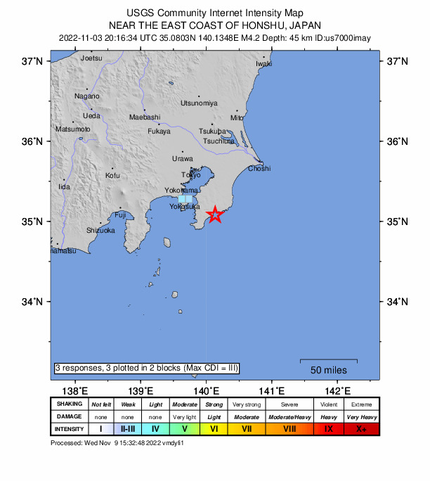 USGS DYFI community-reported intensity map for the M4.2 earthquake near 3 km ESE of Kamogawa, Japan