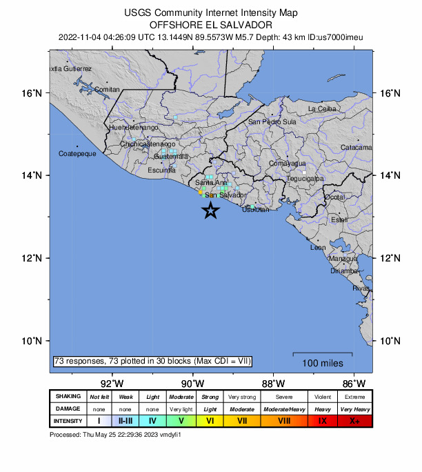 USGS DYFI community-reported intensity map for the M5.7 earthquake near El Salvador