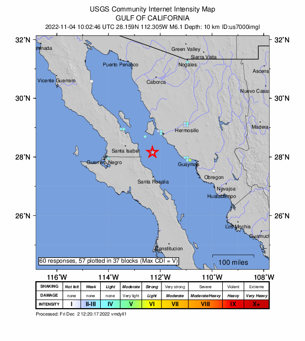 USGS DYFI community-reported intensity map for the M6.1 earthquake near 82 km SSW of Bahía de Kino, Mexico