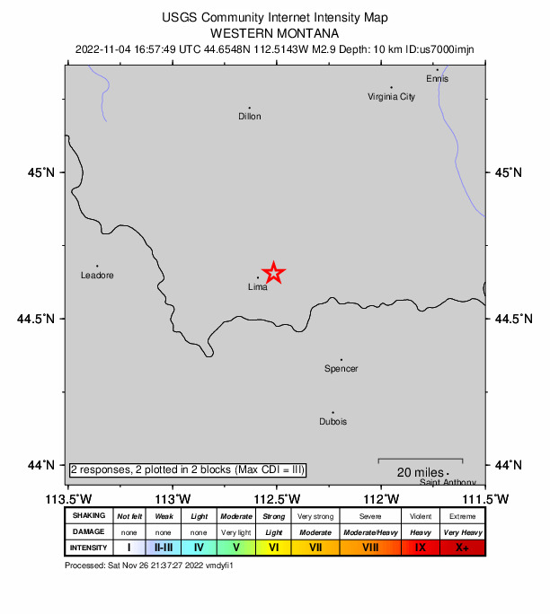 USGS DYFI community-reported intensity map for the M2.9 earthquake near 6 km ENE of Lima, Montana