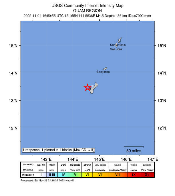 USGS DYFI community-reported intensity map for the M4.5 earthquake near 14 km NW of Agat Village, Guam