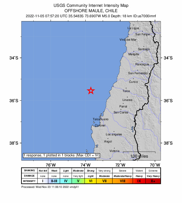 USGS DYFI community-reported intensity map for the M5.0 earthquake near 118 km W of Constitución, Chile
