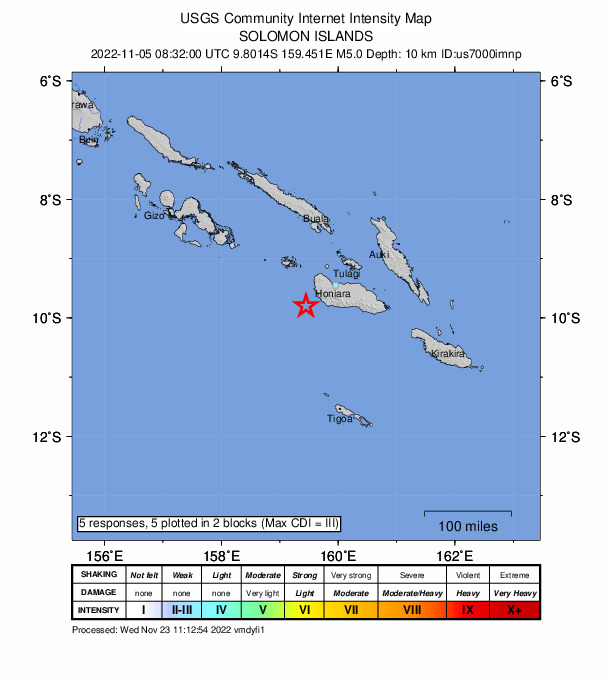 USGS DYFI community-reported intensity map for the M5.0 earthquake near 31 km WSW of Malango, Solomon Islands