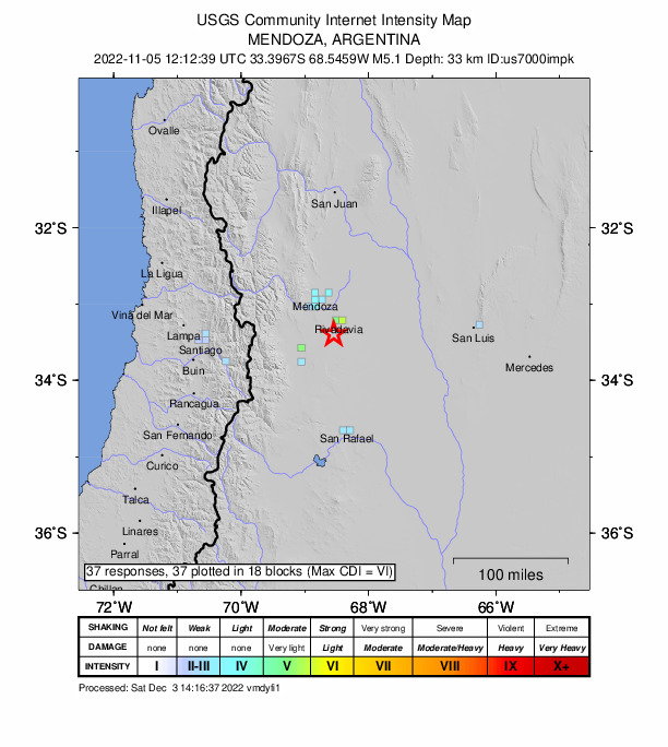 USGS DYFI community-reported intensity map for the M5.1 earthquake near 34 km SSW of San Mart?n, Argentina