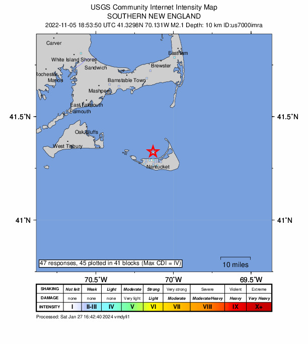 USGS DYFI community-reported intensity map for the M2.1 earthquake near 5 km NNW of Nantucket, Massachusetts