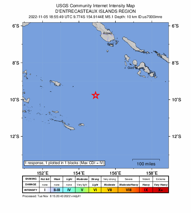 USGS DYFI community-reported intensity map for the M5.1 earthquake near 283 km SW of Gizo, Solomon Islands