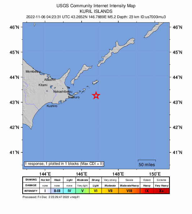 USGS DYFI community-reported intensity map for the M5.2 earthquake near 59 km S of Shikotan, Russia