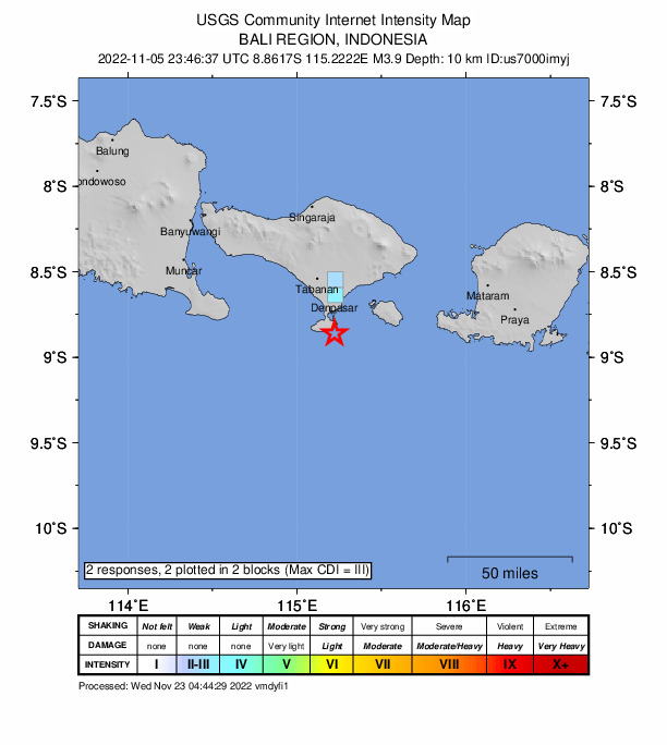USGS DYFI community-reported intensity map for the M3.9 earthquake near 6 km S of Nusa Dua, Indonesia