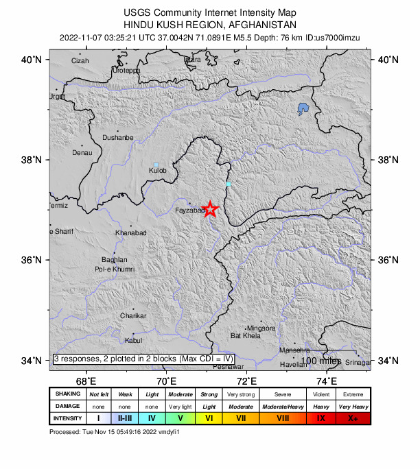 USGS DYFI community-reported intensity map for the M5.1 earthquake near Afghanistan-Tajikistan border region