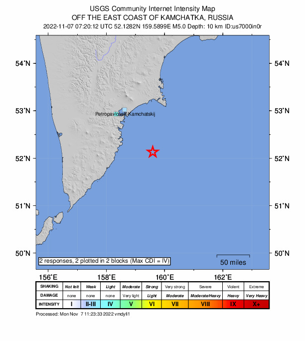 USGS DYFI community-reported intensity map for the M4.9 earthquake near 120 km SE of Vilyuchinsk, Russia