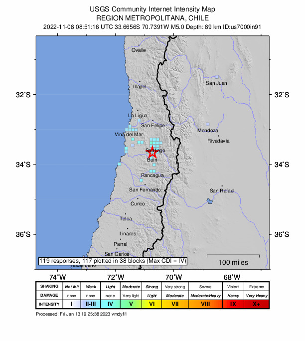 USGS DYFI community-reported intensity map for the M5.0 earthquake near 7 km N of Buin, Chile