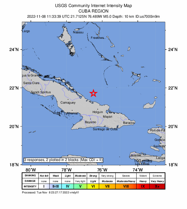 USGS DYFI community-reported intensity map for the M5.0 earthquake near 57 km NNE of Puerto Padre, Cuba