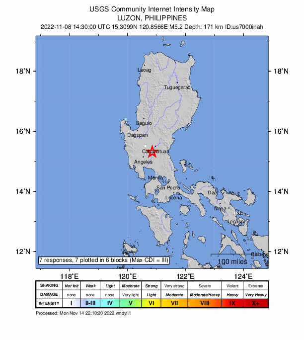 USGS DYFI community-reported intensity map for the M5.2 earthquake near 0 km N of San Antonio, Philippines