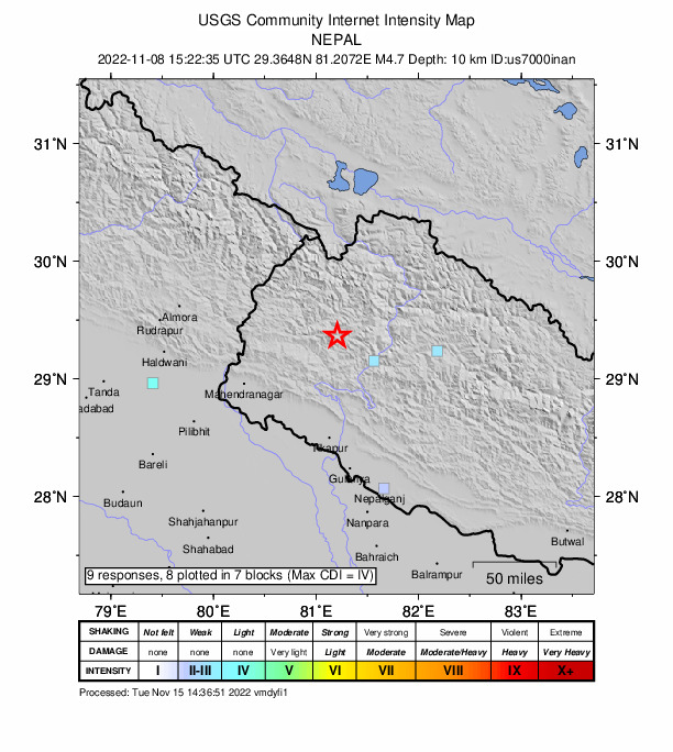 USGS DYFI community-reported intensity map for the M4.7 earthquake near 26 km ENE of Dipayal, Nepal